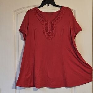 Woman Within Scarlet V-Neck Blouse with Lace Detail